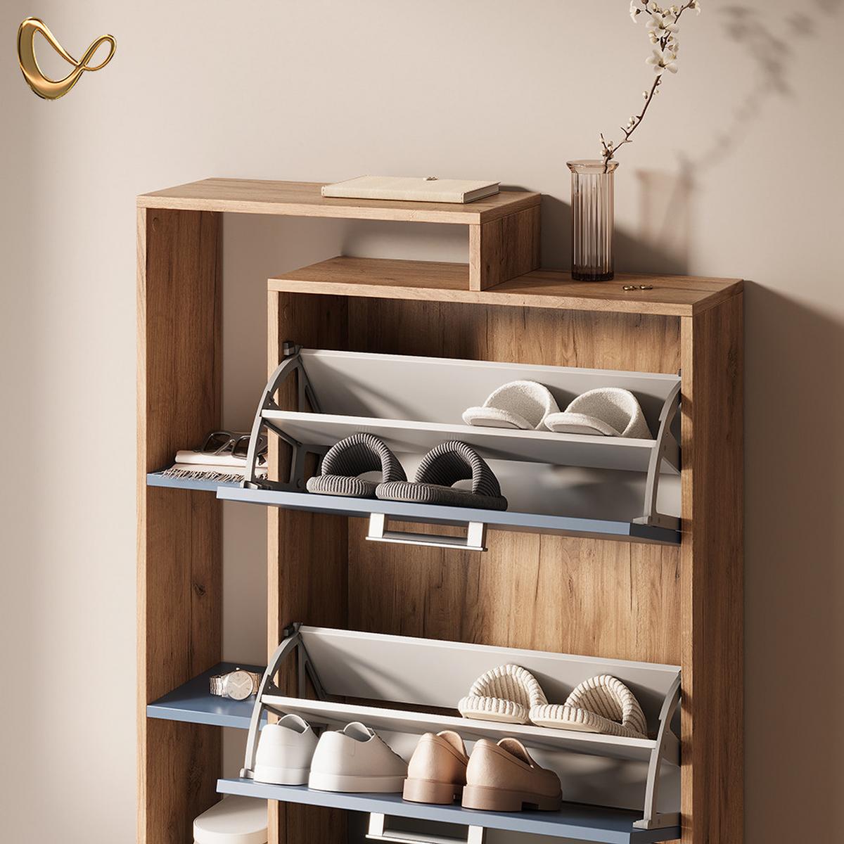 SCHUHKIPPER Ortello Goldkraft Eiche/Blau 80 x 128.3 cm mit 3 Fächern - Honigeiche/Dunkelblau, Holzwerkstoff (80/128.3/24.2cm) - Livinity®