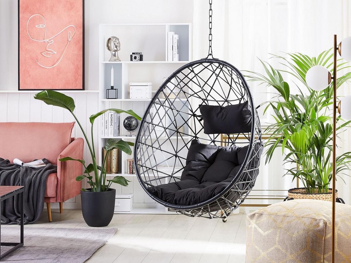 HÄNGESESSEL PE Rattan schwarz 94 cm Alatri - Schwarz, Kunststoff (94/108/96cm) - Beliani