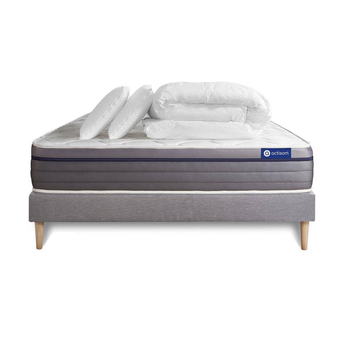 BETT Actiflex zen Taschenfederkern und Memory-Schaum 160 x 200 cm h1 - Kit Bettgestell Grau - Mit Kissen und Bettdecke - Beige/Grau, Karton/Holz (160/200cm) - ACTISOM