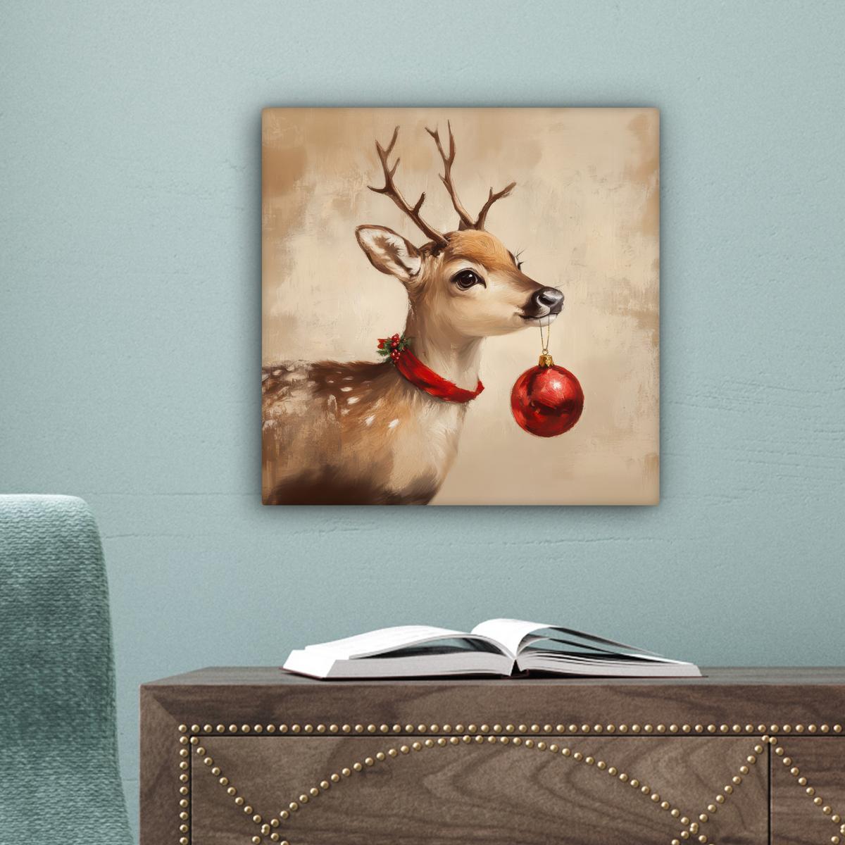 LEINWANDBILD Weihnachten - Hirsch - Geweih - Weihnachtskugel - Rentier Deko Wohnzimmer 20x20 cm - Hellbraun, Textil (20/20cm) - MuchoWow