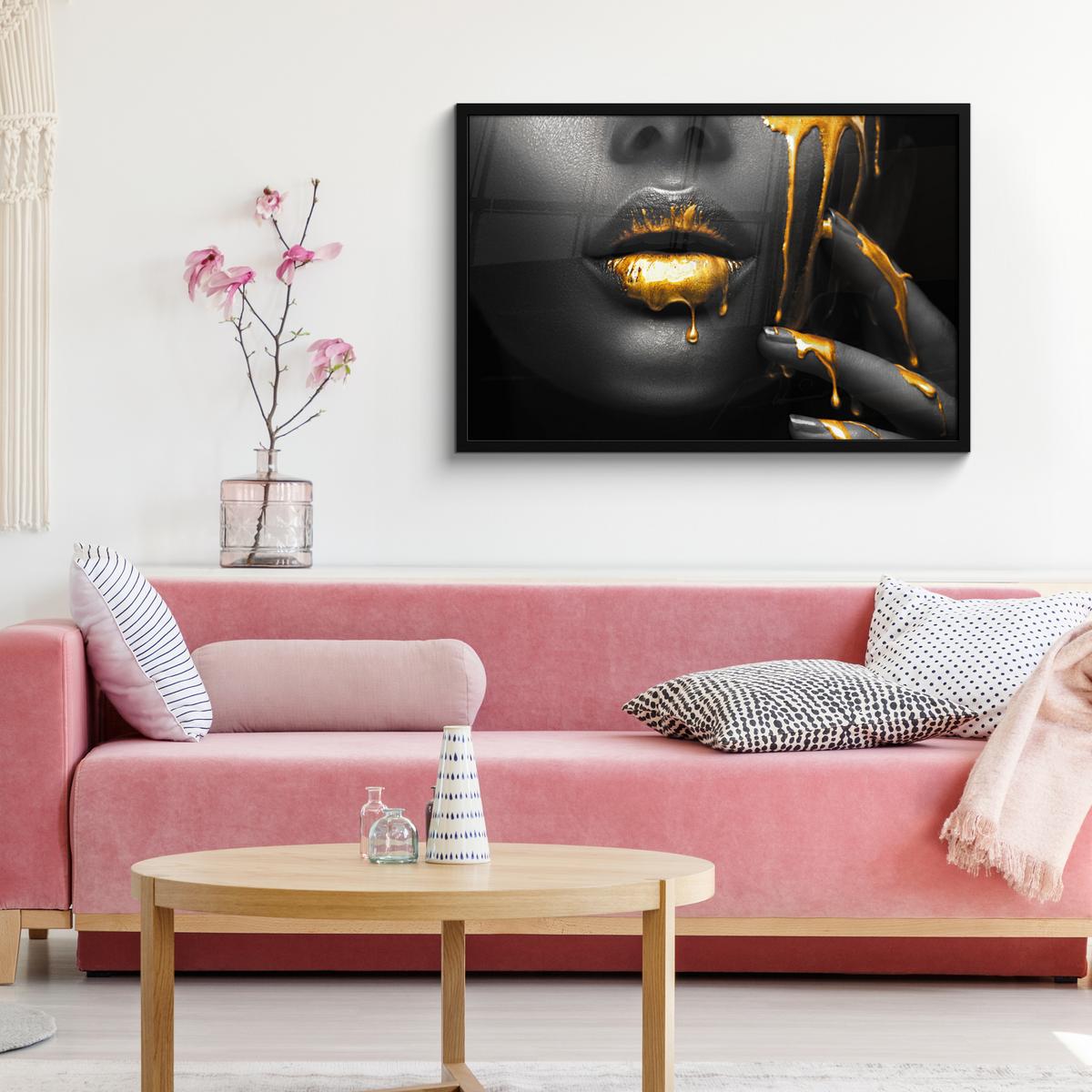 POSTER MIT RAHMENGERAHMTES BILD Frau - Schwarz - Gold - Gesicht - Lippen 90x60 cm - Goldfarben, Papier (90/60cm) - MuchoWow