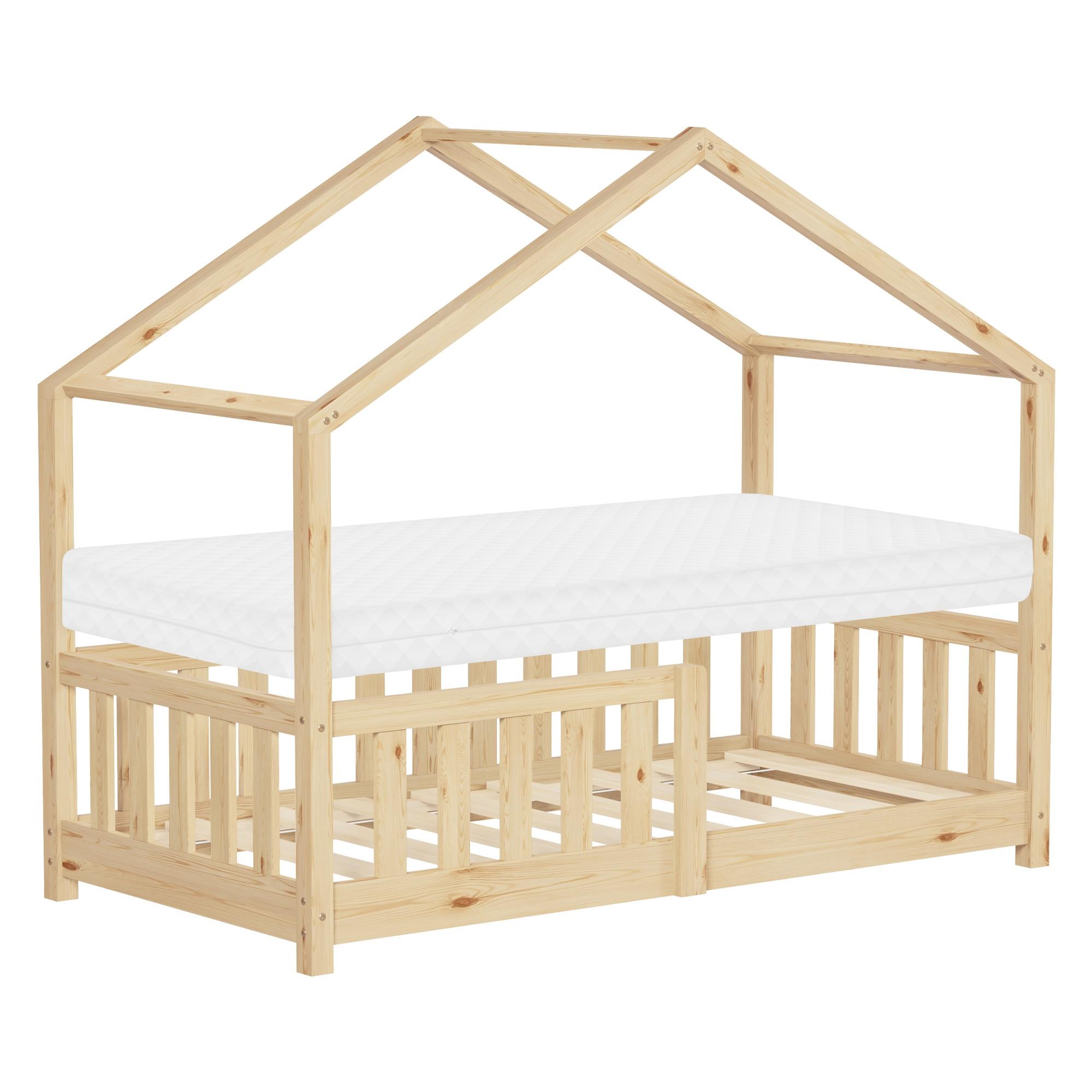 HAUSBETT mit Matratze 70x140 cm Natur aus Kiefernholz mit Rausfallschutz - Beige, Holz (70/140cm) - ML-DESIGN