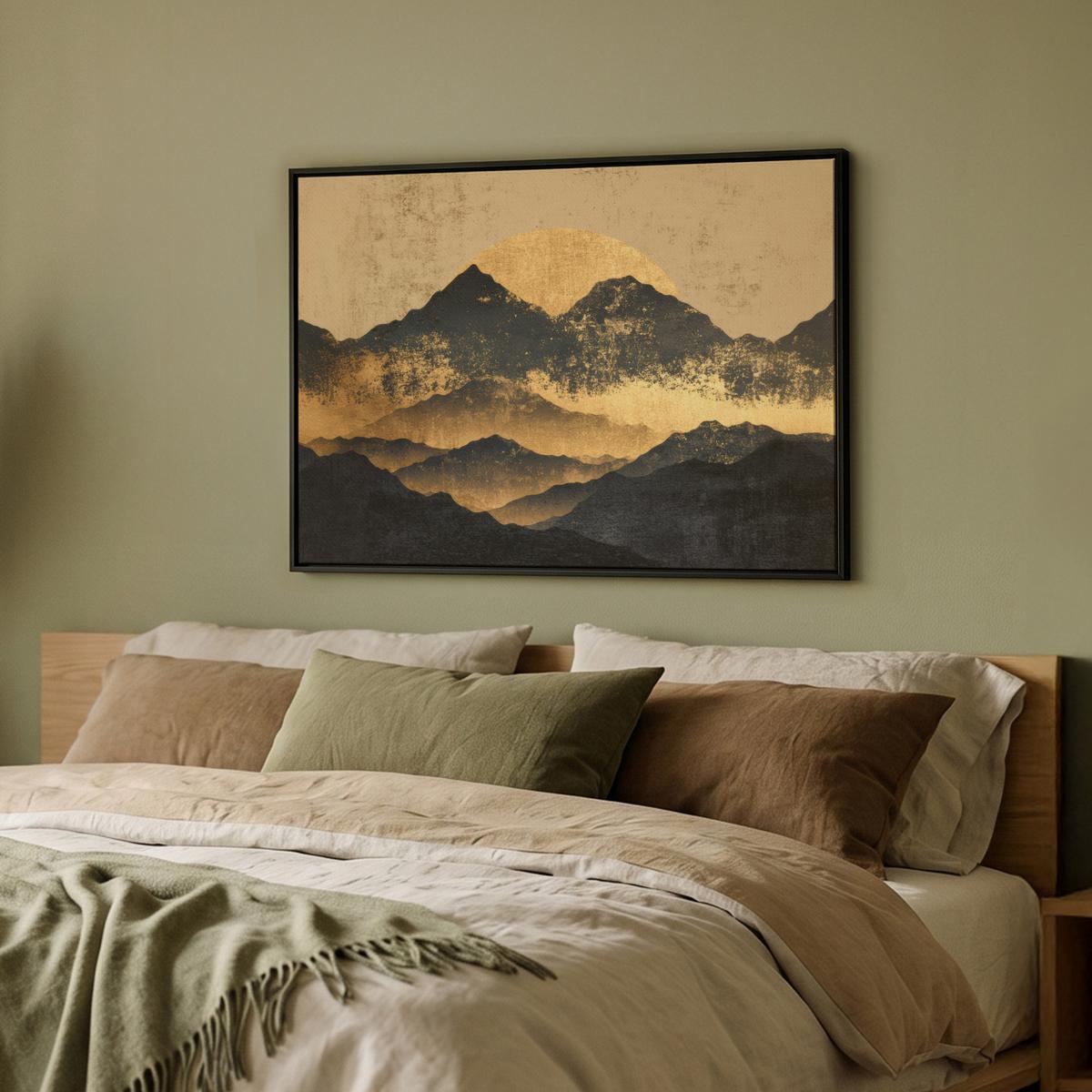 LEINWAND Bilder mit Rahmen - Goldene Berge bei Mondschein - 80x60 - Goldfarben, Textil (80/60cm) - MuchoWow