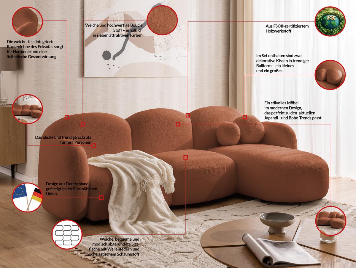 ECKSOFA Nuvola mit abgerundetem Design Terrakotta Bouclé-Stoff - Ottomane Rechts - Terracotta/Schwarz, Holz/Kunststoff (268/146cm) - S-Style Möbel