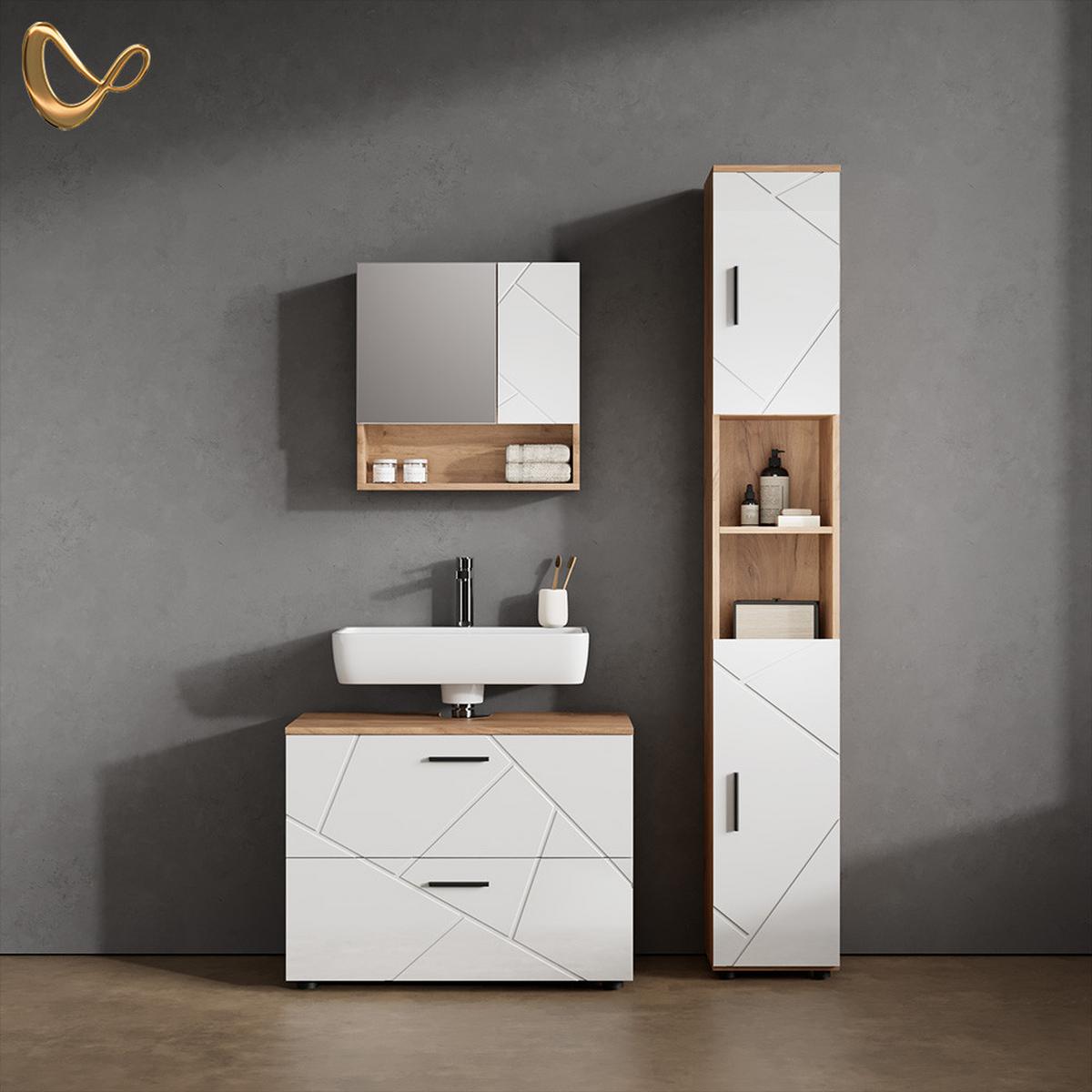 BADSPIEGELSCHRANK Ronco Weiß Hochglanz/Goldkraft Eiche 54 x 55 cm - Honigeiche/Weiß Hochglanz, Holzwerkstoff (54/55/16.9cm) - Livinity®