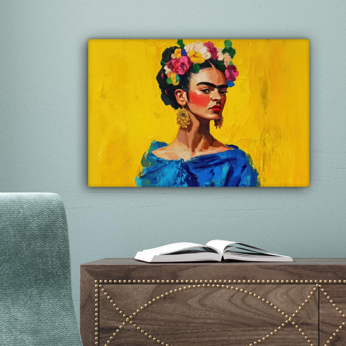LEINWANDBILD Frida Kahlo - Frau - Gelb - Blau - Blumen Deko Schlafzimmer 30x20 cm - Gelb, Textil (30/20cm) - MuchoWow