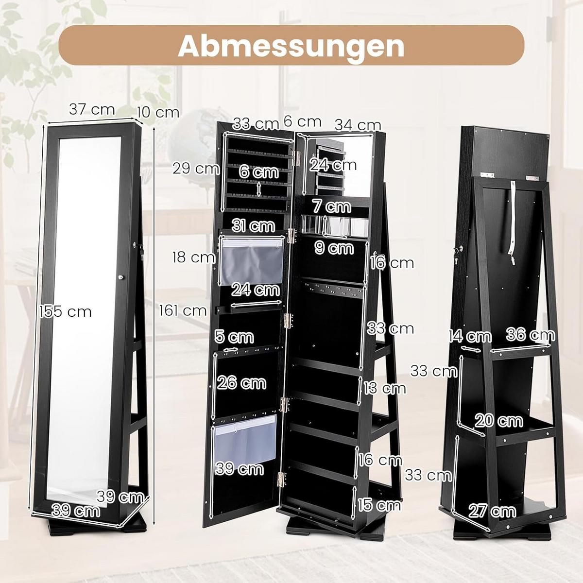 SCHMUCKSCHRANK 161cm Schwarz - Schwarz, Holz (39/161/39cm) - COSTWAY