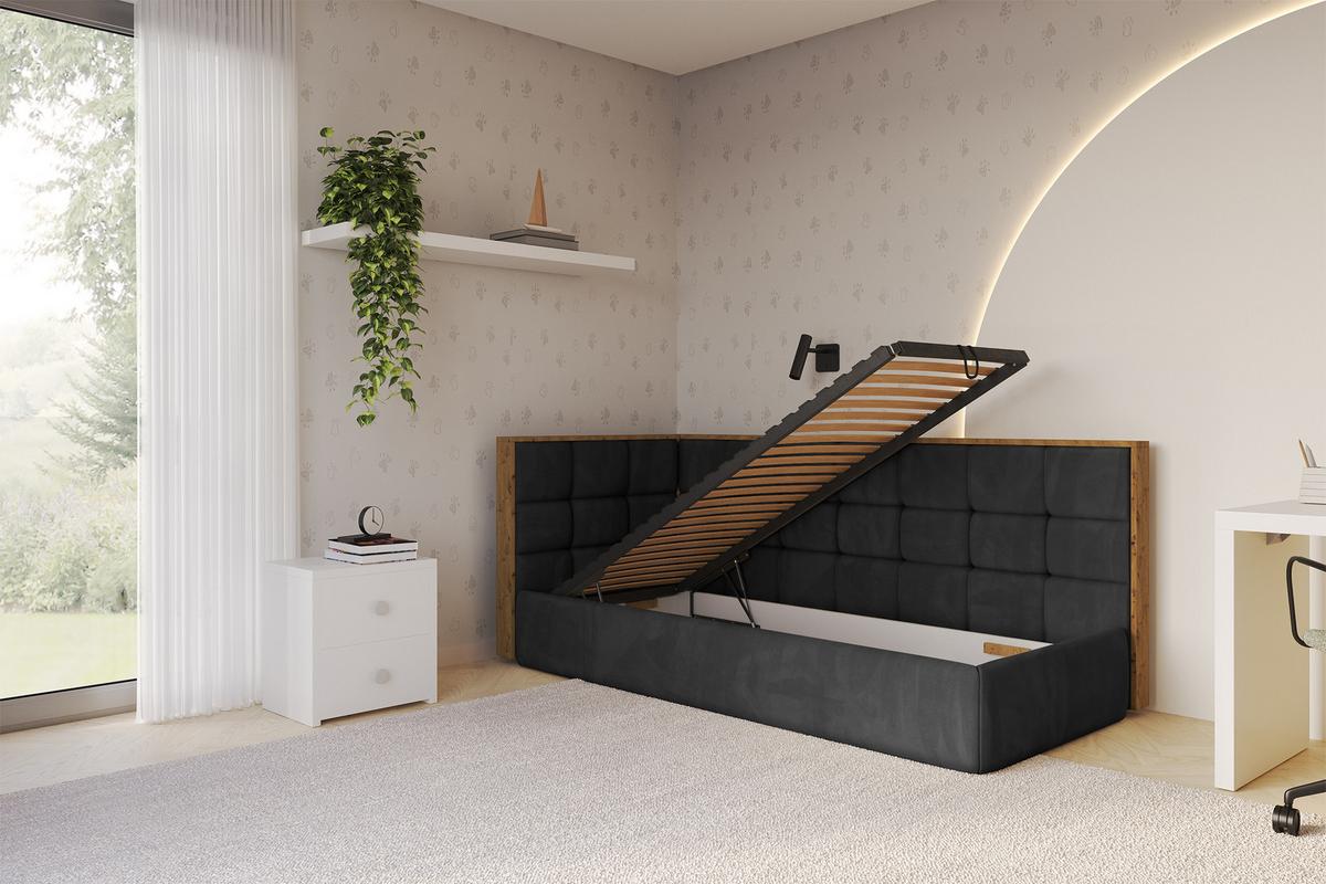 EINZELLBETT Jugendbett mit Bettkasten, Rechts - SOVY 90x200 Schwarz - Anthrazit, Holzwerkstoff/Textil (90/200cm) - ALTDECOR