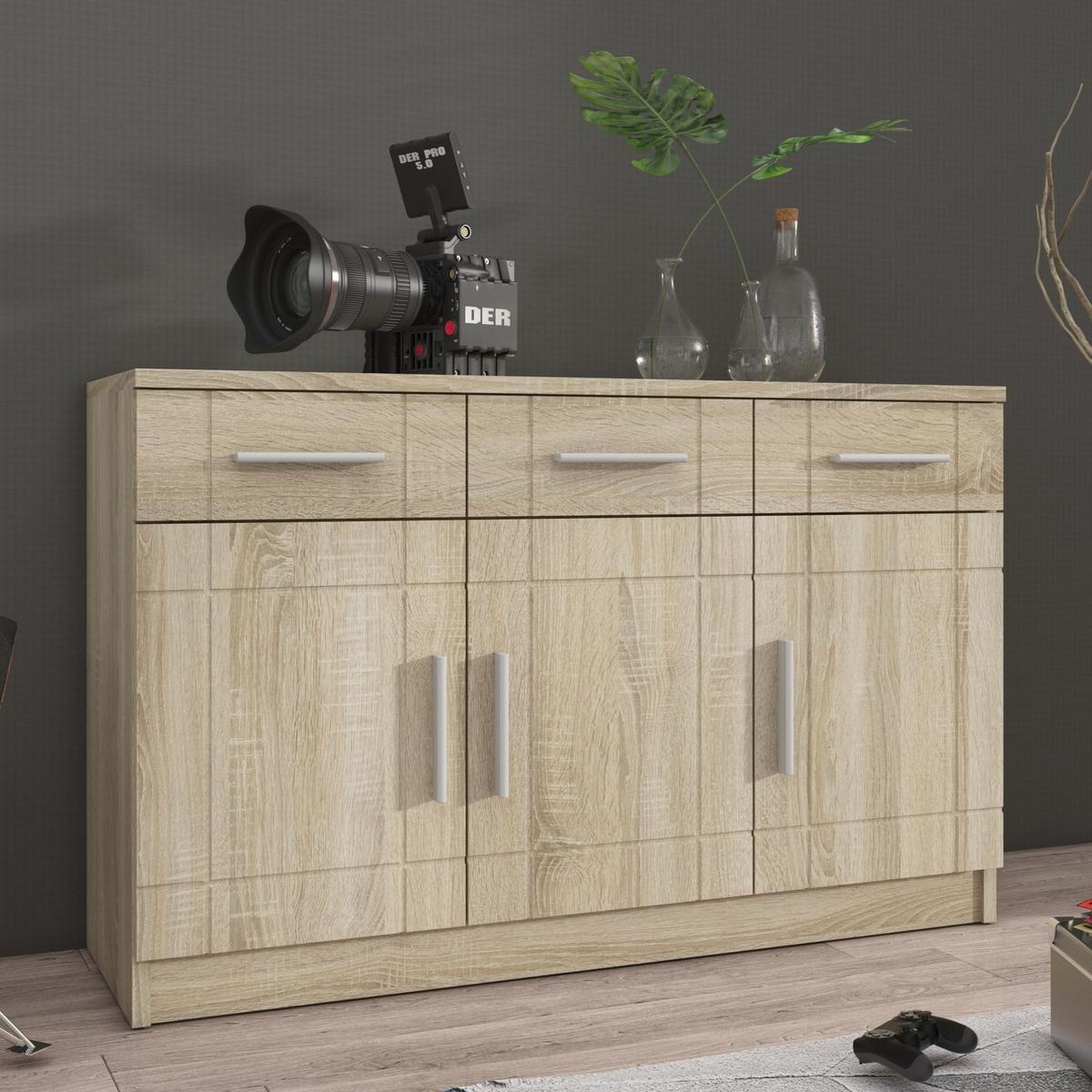 KOMMODE PERUGIA 103/70/37 cm mit 3 Schubladen 3 Türen Sonoma Eiche - Sonoma Eiche, Holzwerkstoff (103/70/37cm) - MASSENO