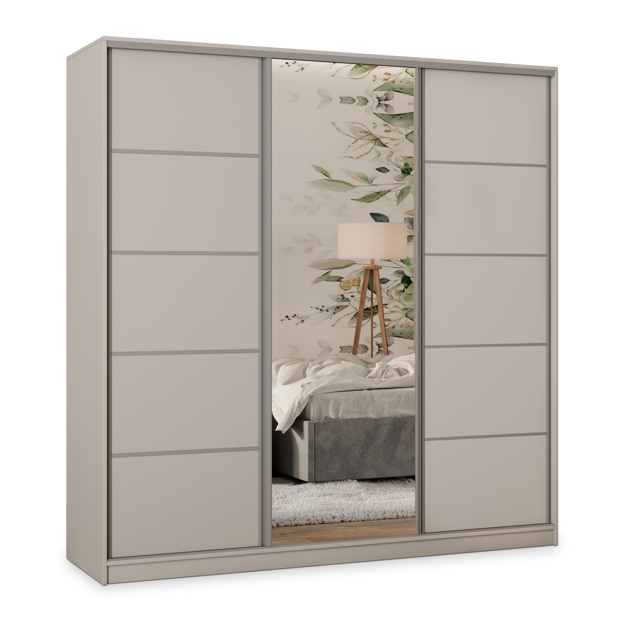 SCHWEBETÜRENSCHRANK PINA 180/205/58 cm 3-türig mit Spiegel und Schubladen Kaschmir - Kaschmir/Silberfarben, Holzwerkstoff (180/205/58cm) - MASSENO