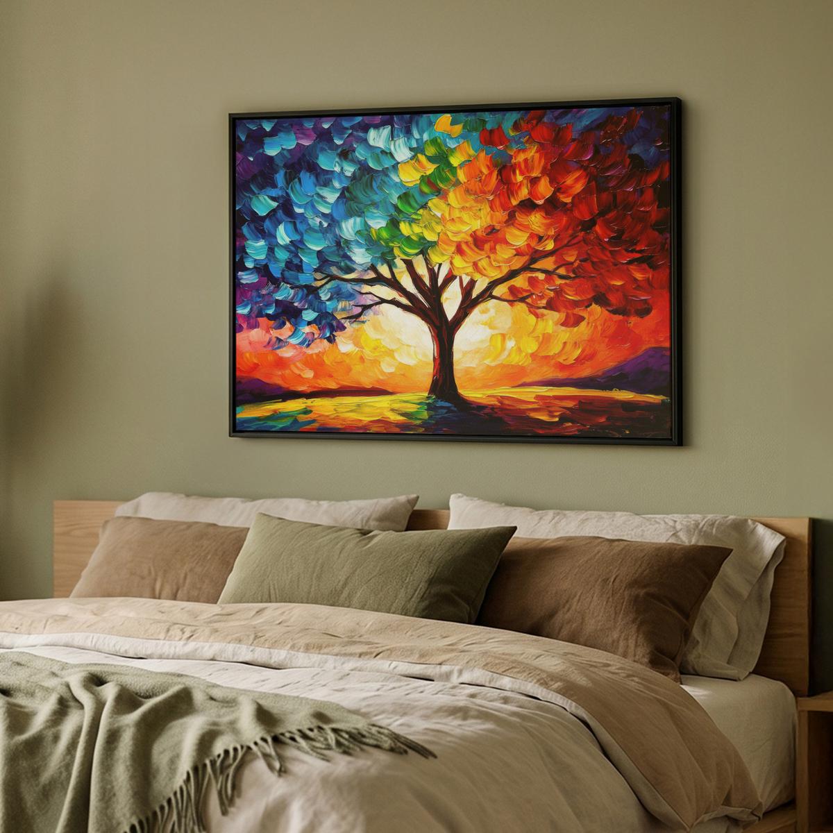 LEINWAND Bilder mit Rahmen - Baum - Kunst - Natur - Sonnenuntergang - 100x70 - Multicolor, Textil (100/70cm) - MuchoWow