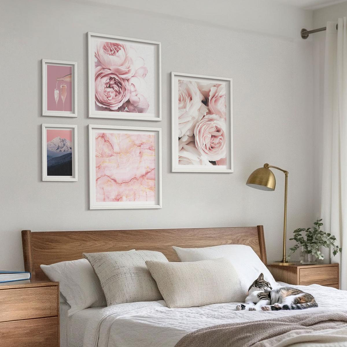 BILDER SET 5er Set - 50x50 cm & 20x30 cm & 40x60 cm Weißer Rahmen - Eiffels Porträt einer Frau mit Rosen - Weiß, Kunststoff (40/60cm) - TULUP