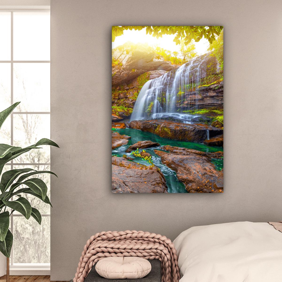 LEINWANDBILD Natur - Wasserfall - Pflanzen - Bäume - Sonne Deko XXL 80x120 cm - Olivgrün, Textil (80/120cm) - MuchoWow