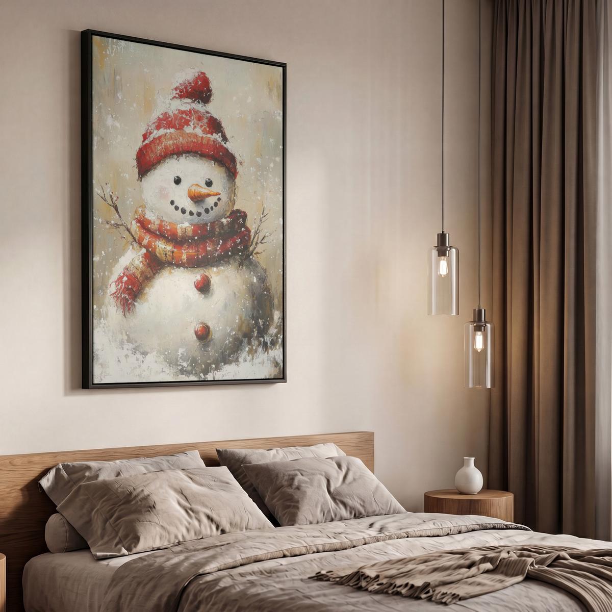 LEINWAND Bilder mit Rahmen - Schneemann - Winter - Schnee - Beige - 60x90 - Weiß, Textil (60/90cm) - MuchoWow