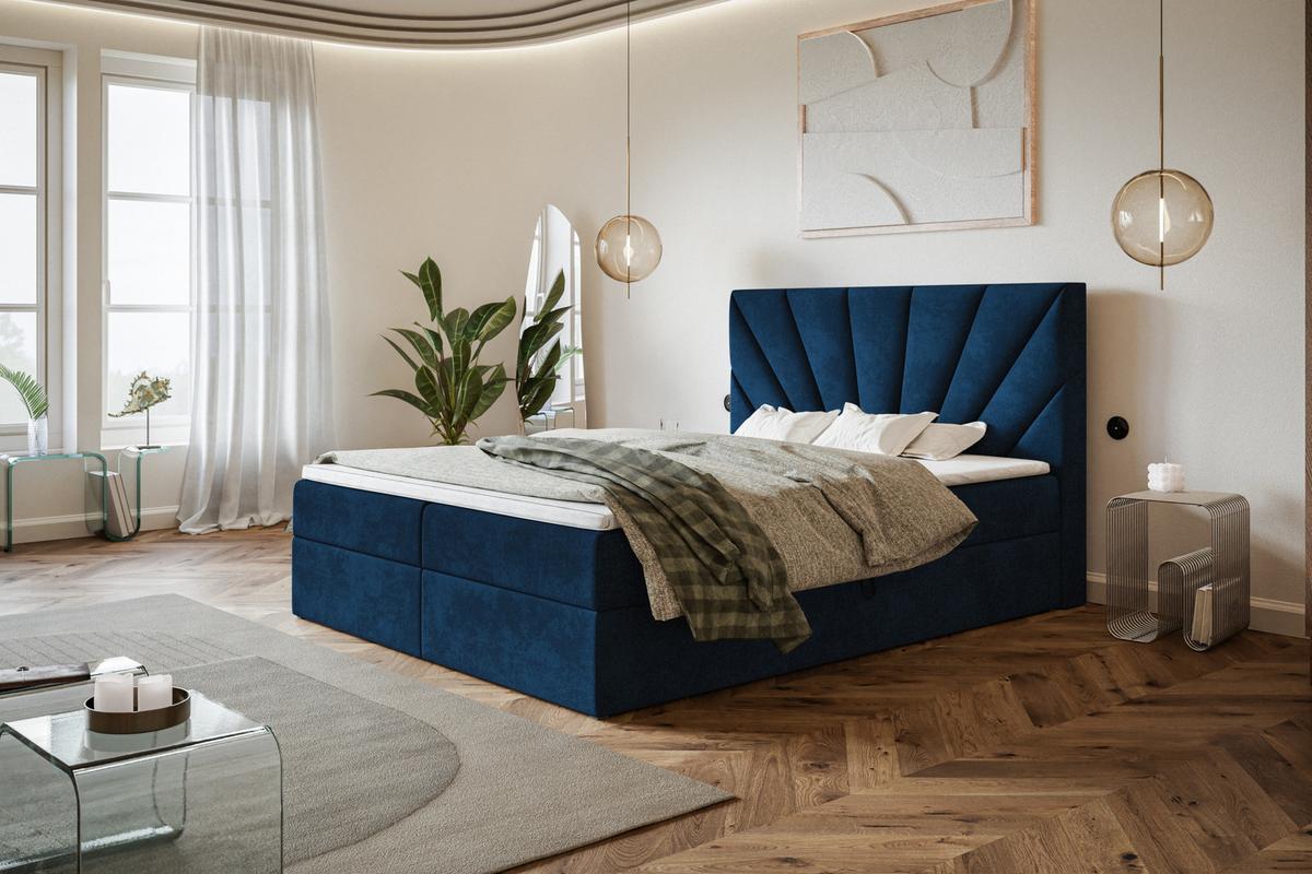 BOXBETT DENVER mit 2 Bettkästen, 140x200, Farbe: Dunkelblau, Velourstoff, Doppelbett mit Bonell-Matratze - Dunkelblau, Holz/Kunststoff (140/200cm) - Alpi-Möbel