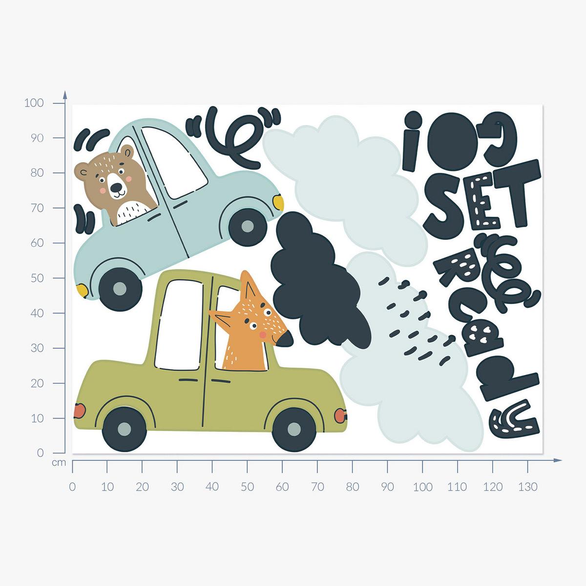 WANDAUFKLEBER 100x135cm - Tiere in Autos - Multicolor, Kunststoff (100/135/0.1cm) - Wallfluent