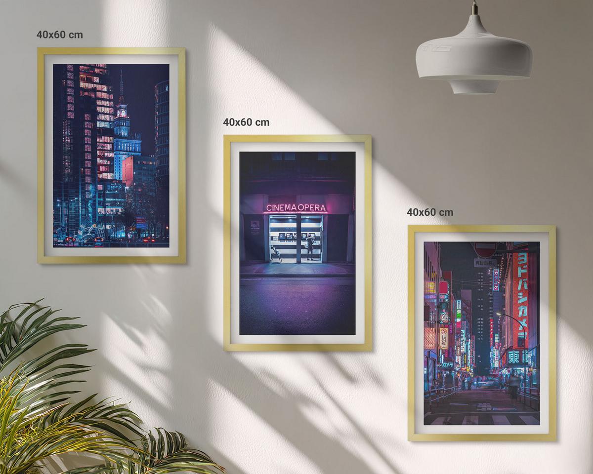 BILDER SET 3er Set - 40x60 cm Goldrahmen - Neon-Eingang zur nächtlichen Stadt - Goldfarben, Kunststoff (40/60cm) - TULUP