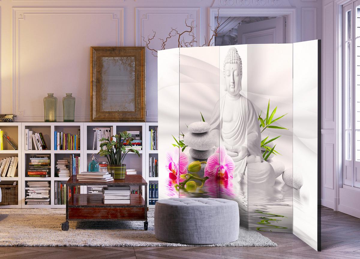 PARAVENT Beidseitig Bedruckter 5-tlg 225x172 cm Buddha Statue Orchideen - Grau, Holz/Textil (225/172/3cm) - Muralo