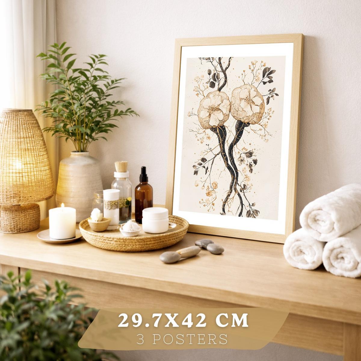 POSTER Set aus 3 Neuronale Anatomie Drucke und Wandbilder mit Neuronen Synapsen und Gehirn Minimalistischer Floraler Stil Größe Leichter Holzrahmen A3 - Beige, Papier (29.7/42/3cm) - Nacnic