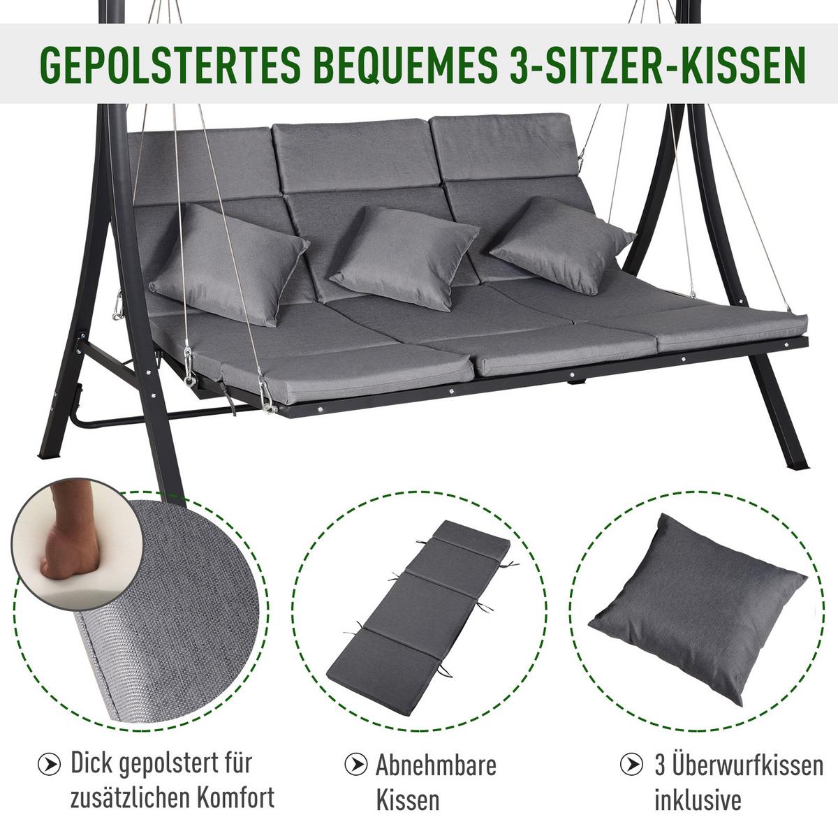HOLLYWOODSCHAUKEL, mit Sonnendach,Metall, Texteline, Grau, 200 x 115 x 168 cm - Grau, Metall (115/168/200cm) - Outsunny
