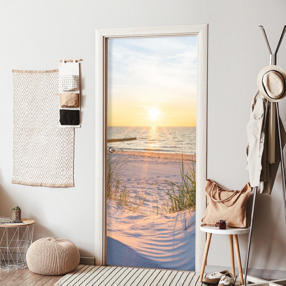 TÜRAUFKLEBER Strand - Sonne - Düne - Gras - Sand - Horizont Fototapete 75x205 cm - Türtapete - Dunkelgelb, Kunststoff (75/0.1cm) - MuchoWow
