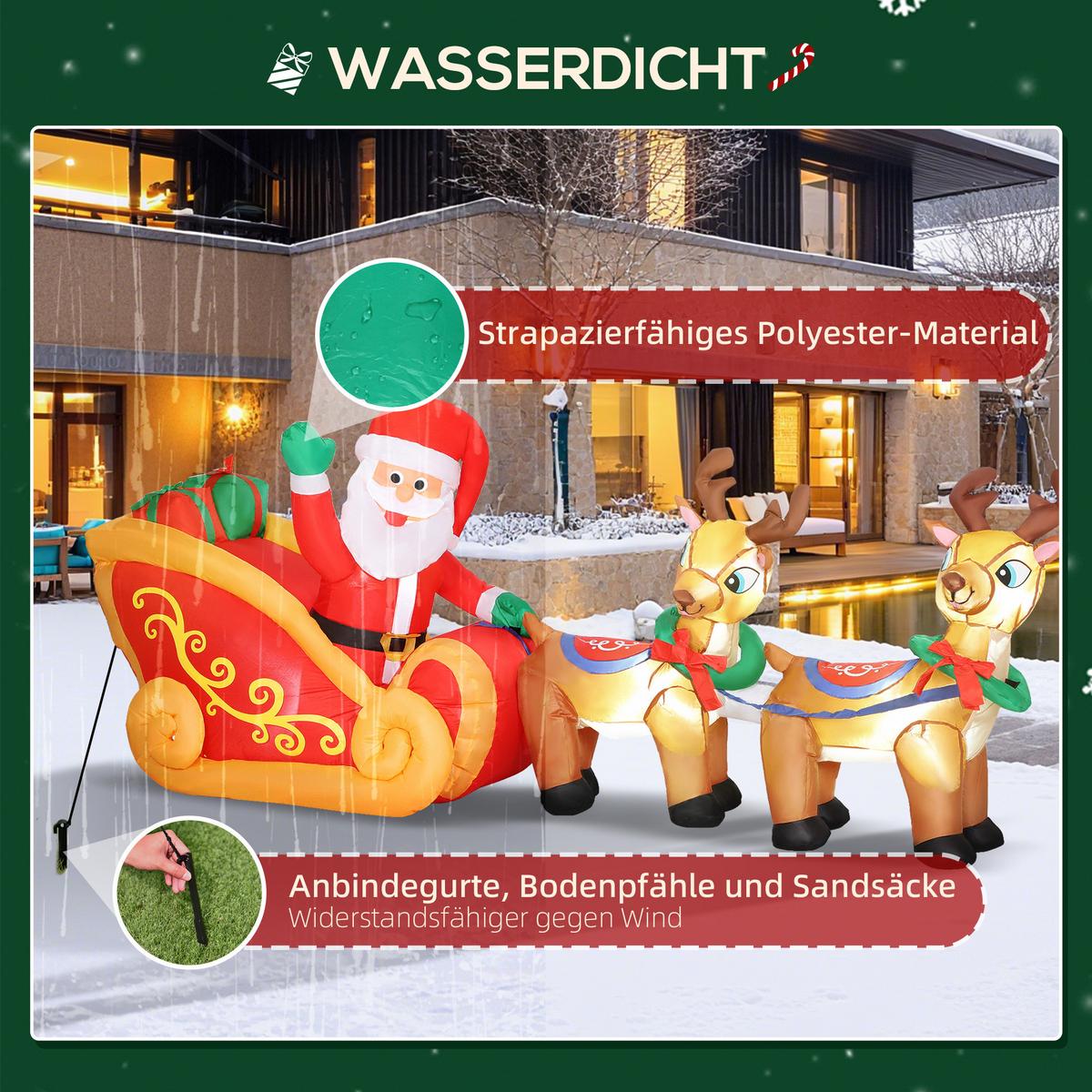 240 cm Aufblasbarer Weihnachtsmann auf Schlitten mit 2 Rentier LED-Lichtern - Rot, Textil (75/100/240cm) - Outsunny