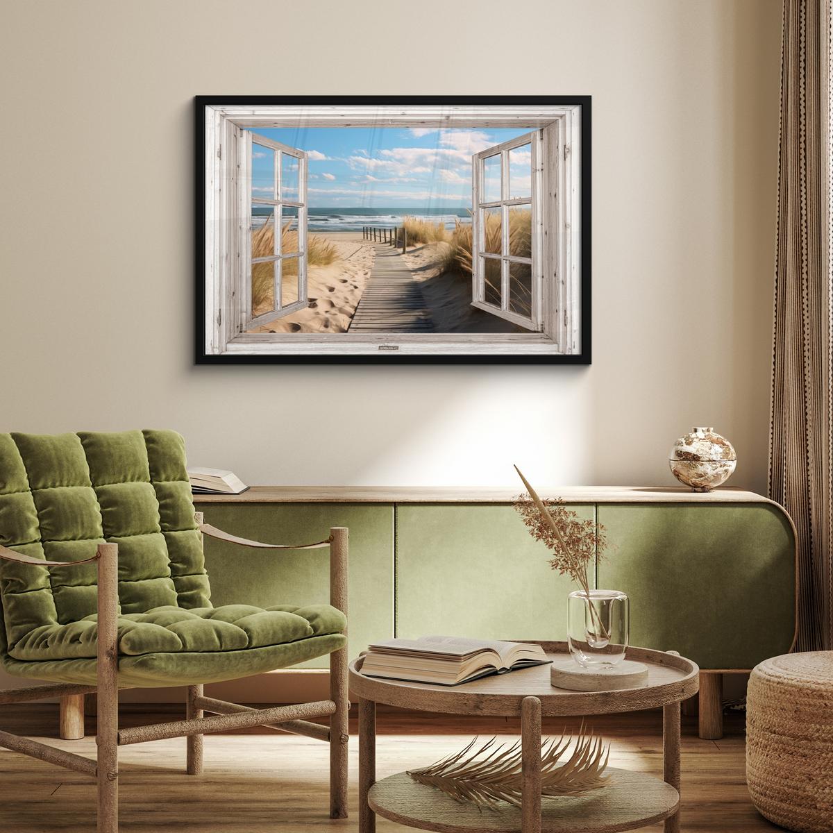 POSTER MIT RAHMENGERAHMTES BILD Fenster - Meer - Küste - Natur - Ausblick - Strand - Wattenmeer 90x60 cm - Beige, Papier (90/60cm) - MuchoWow