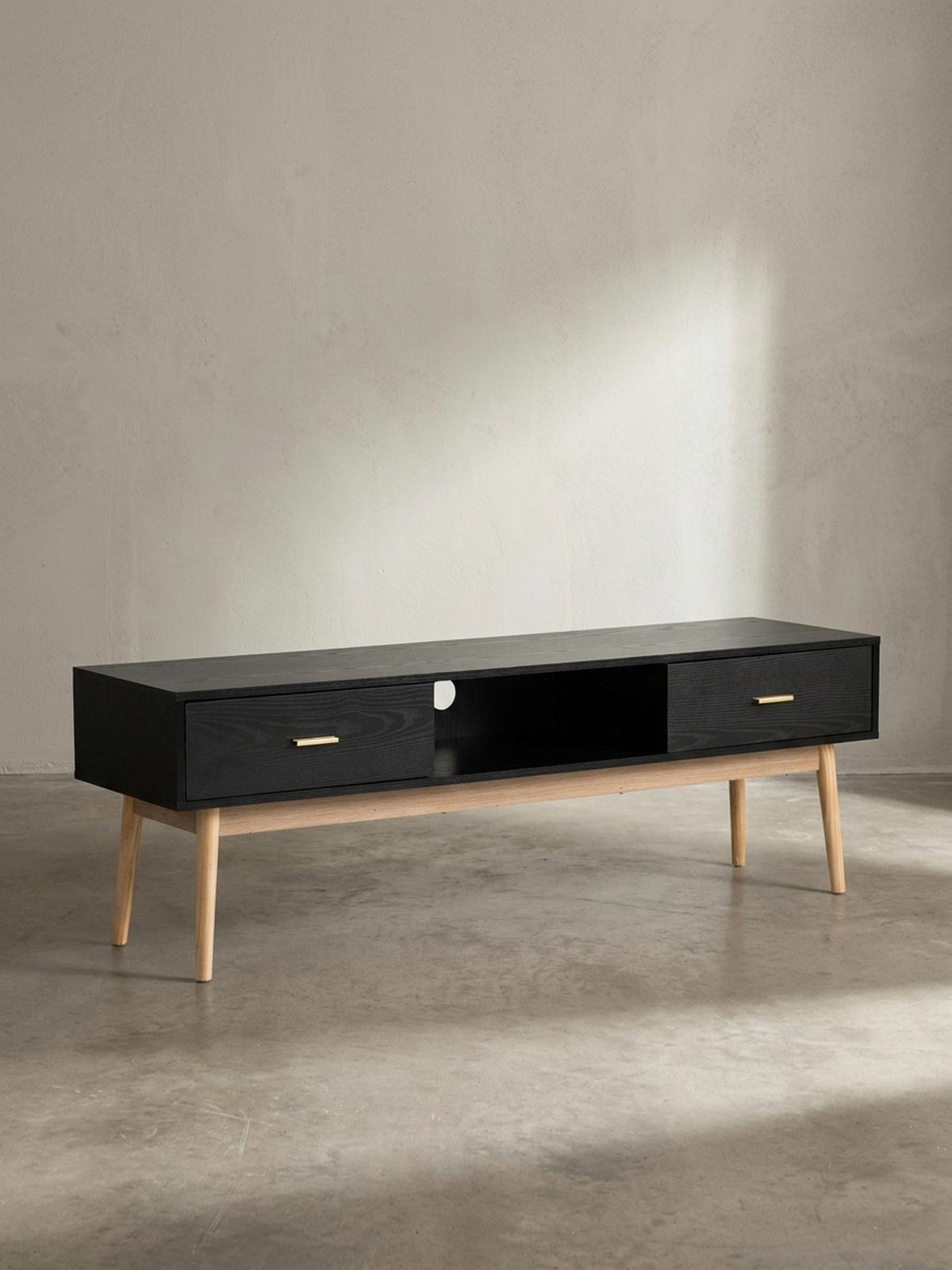 LOWBOARD Schwarz Eiche-Dekor Modern Stil 150x50x40 cm mit Schubladen und Ablagefach - Eichefarben/Schwarz, Holz (150/50/40cm) - KADIMA DESIGN