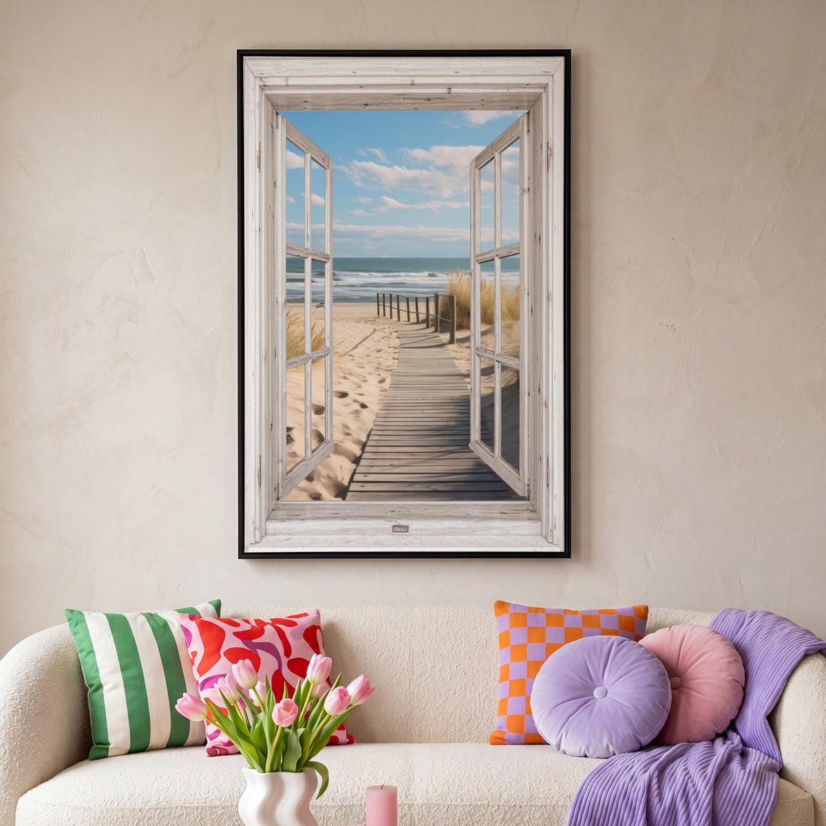 LEINWAND Bilder mit Rahmen - Fenster - Meer - Küste - Natur - Ausblick - Strand - Wattenmeer - 80x120 - Beige, Textil (80/120cm) - MuchoWow