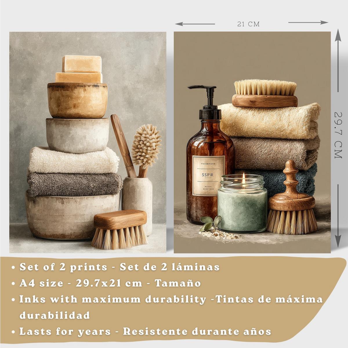 POSTER 2er-Set dekorative Badezimmer-Wandbilder und für Waschbecken, Dusche, WC mit Seifen, Handtüchern und Bürsten, Naturstil Leichter Holzrahmen A4 - Beige, Papier (29.7/21/3cm) - Nacnic
