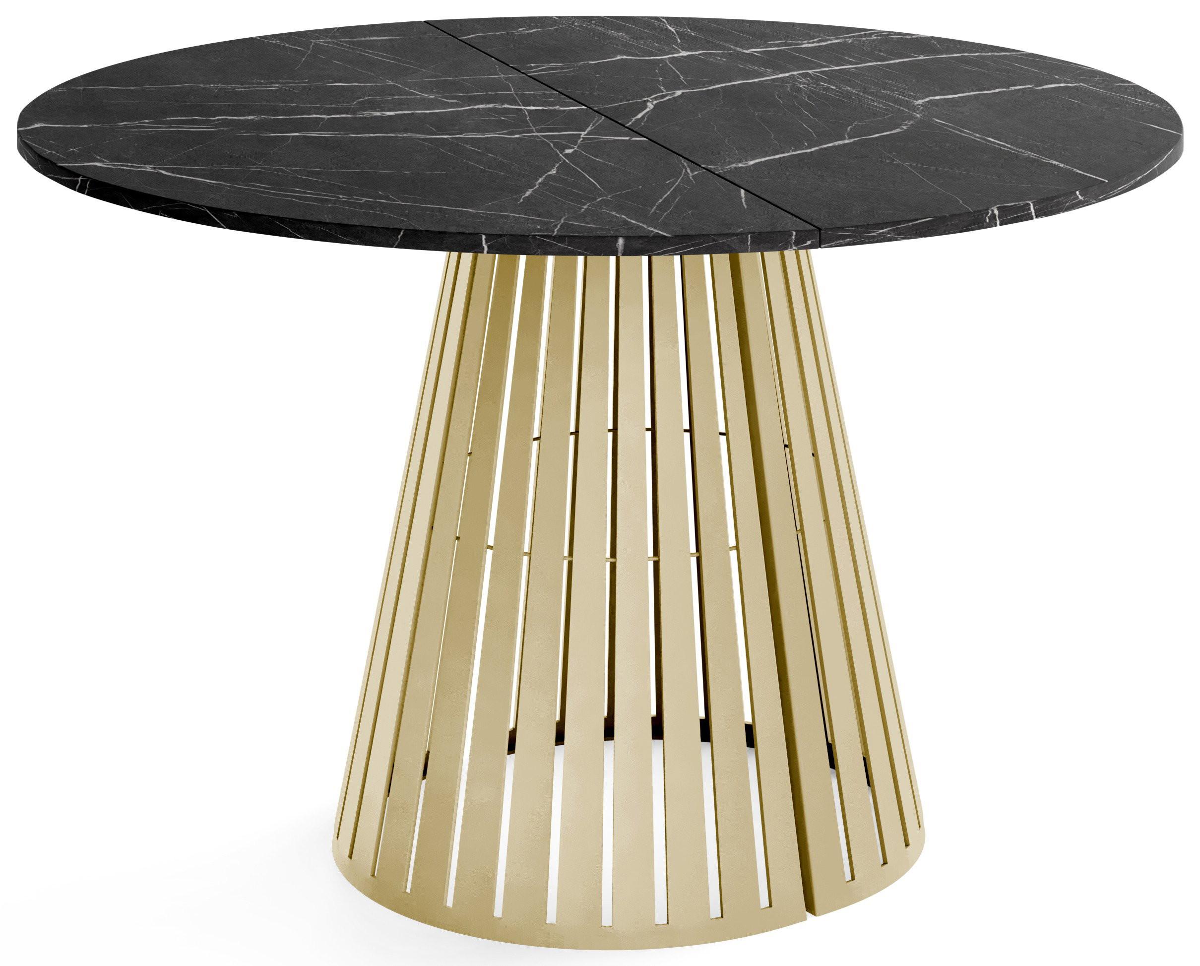 ESSTISCH Naro rund ausziehbar mit Goldenem Lamellen-Metallgestell, Marmor Schwarz 120-200/120/76 cm - Anthrazit/Goldfarben, Holzwerkstoff/Metall (120/196/76cm) - WFL GROUP