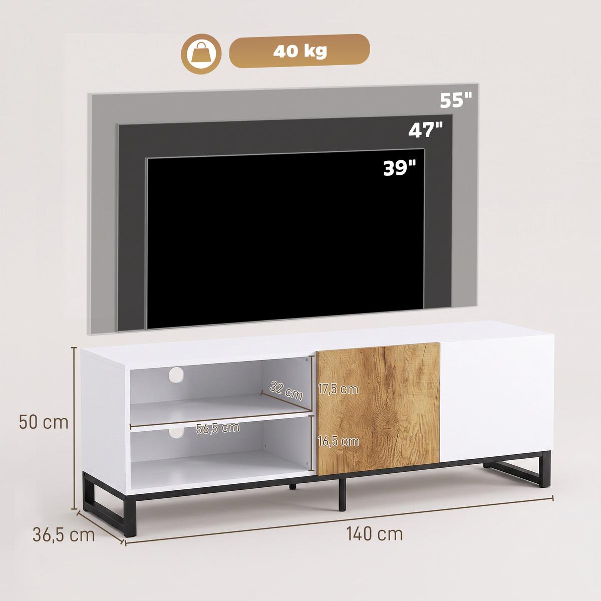 TV-SCHRANK Spanplatte Stahl Weiß - Eichefarben/Weiß, Holzwerkstoff/Metall (140/50/36.5cm) - HOMCOM