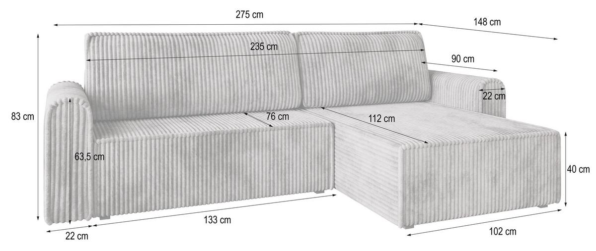 ECKSOFA VALTINO Creme Kordstoff mit Schlaffunktion - Creme, Holz (275/148cm) - MASSENO