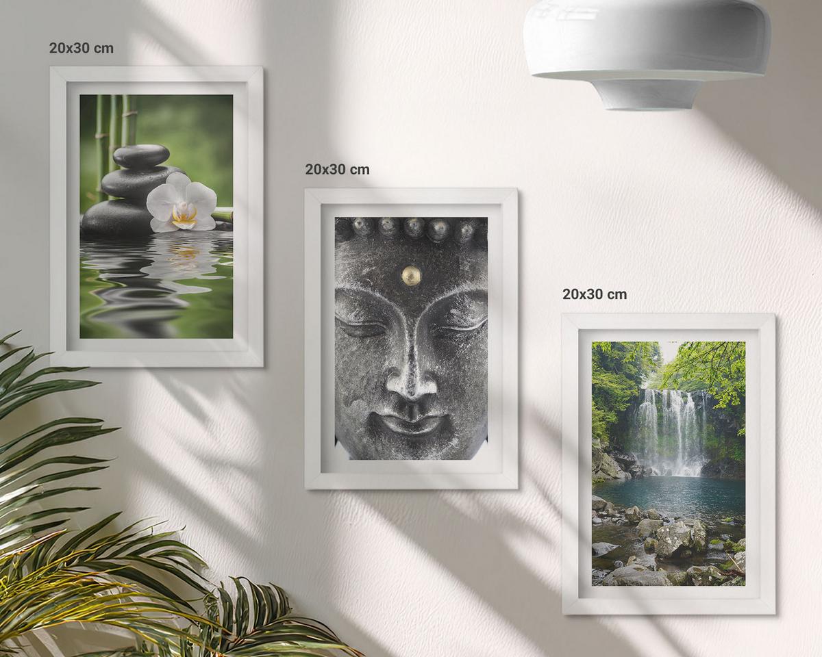 BILDER SET 3er Set - 20x30 cm Weißer Rahmen - Harmoniesteine Wasser Buddha - Weiß, Kunststoff (20/30cm) - TULUP