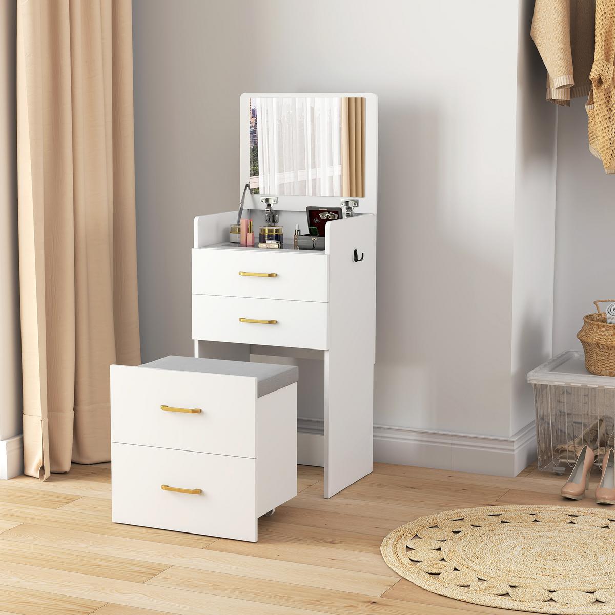 3 in 1 Schminktisch mit Hocker, Kosmetiktisch mit Spiegel, 3 Schubladen - Beige/Weiß, Holzwerkstoff/Textil (40/90/48cm) - HOMCOM