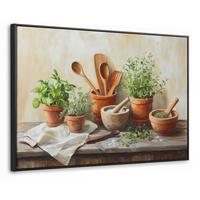 LEINWAND Bilder mit Rahmen - Töpfe - Kräuter - Holz - 140x90 - Terracotta, Textil (140/90cm) - MuchoWow