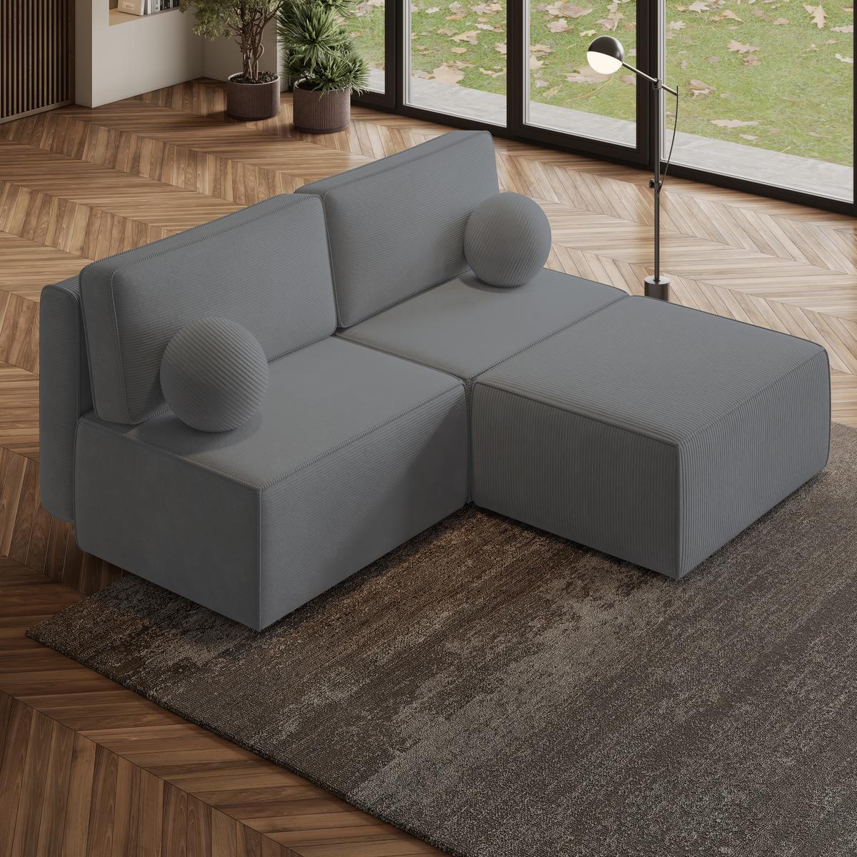 ECKSOFA VARNA P Grau Kordstoff mit Schlaffunktion - Grau, Holz/Kunststoff (196/158cm) - MASSENO