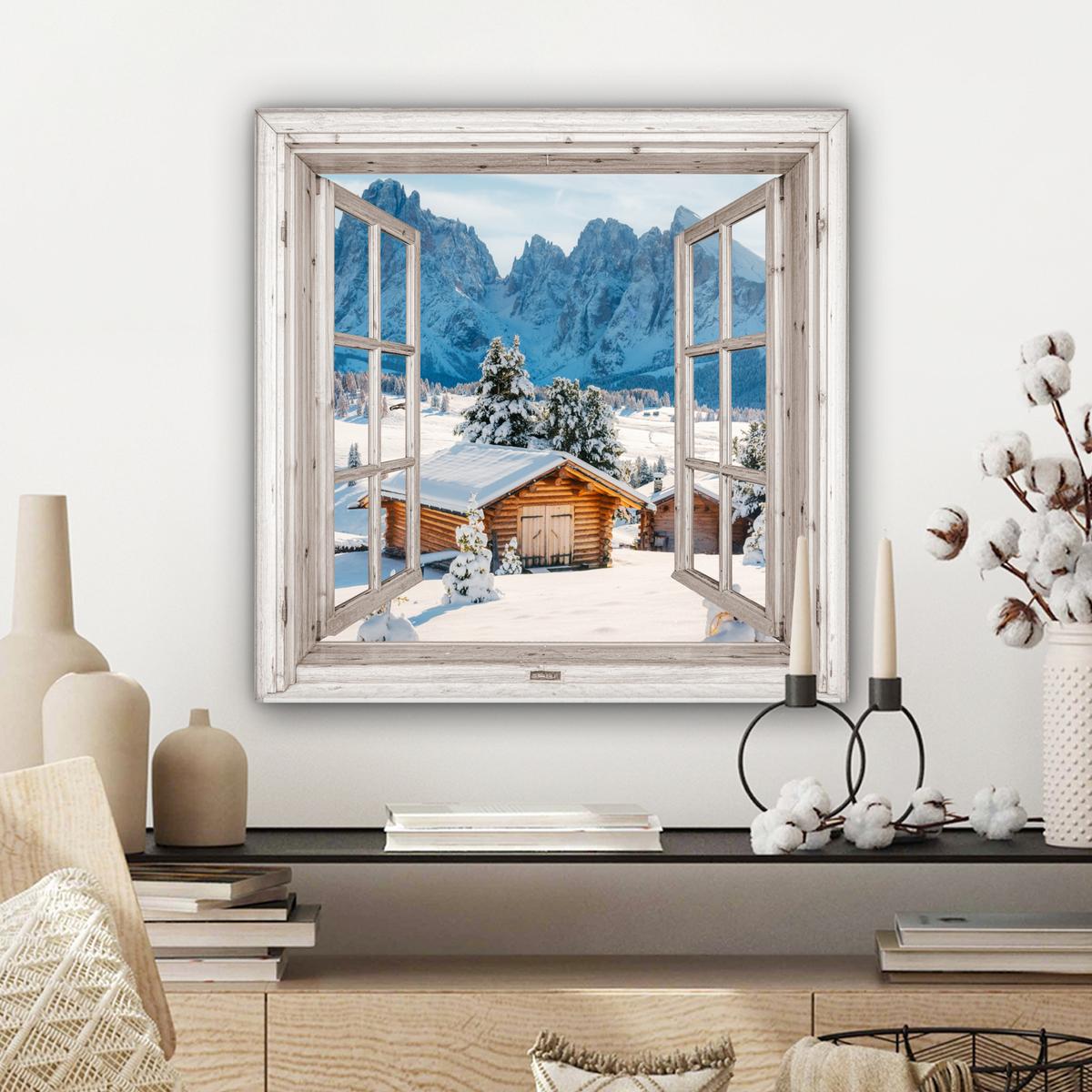 LEINWANDBILD Winterlandschaft - Hütte - Berge - Ausblicke - Aussicht - Natur Wandbild Wohnzimmer 50x50 cm - Weiß Hochglanz, Textil (50/50cm) - MuchoWow