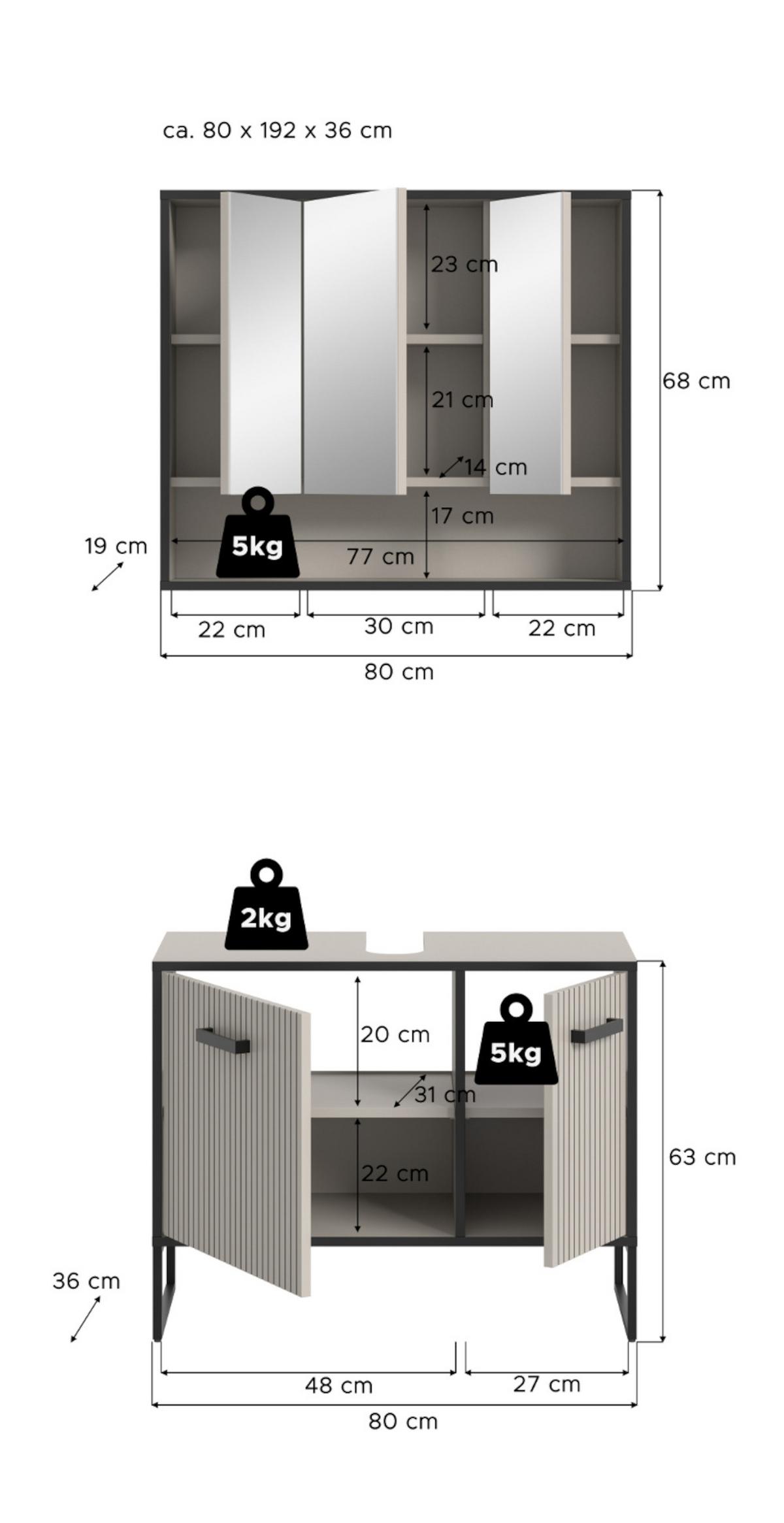 BADMÖBEL-SET 2-teilig Scana in schwarz, sand 80 cm, Kombination mit Soft-Close - Sandfarben/Schwarz, Glas/Holzwerkstoff (80/192/36cm) - Inn.Furn