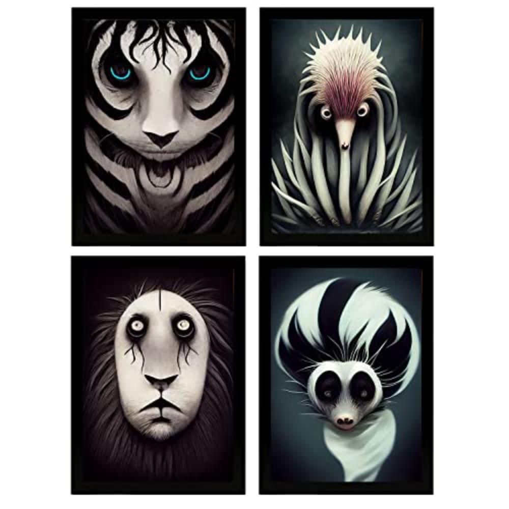 POSTER Set mit 4 Schwarz und weiß Tier im T Burton Goth Stil A3 Rahmenlos - Klar, Papier (29.7/3cm) - Nacnic