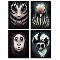 POSTER Set mit 4 Schwarz und weiß Tier im T Burton Goth Stil A3 Rahmenlos - Klar, Papier (29.7/3cm) - Nacnic