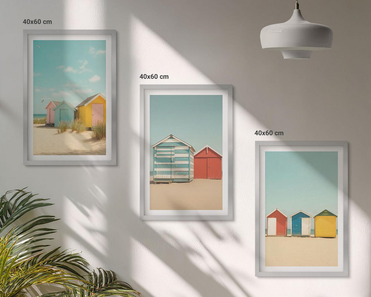 BILDER SET 3er Set - 40x60 cm Silberner Rahmen - Bunte Häuser, Strand, Sonne - Silberfarben, Kunststoff (40/60cm) - TULUP