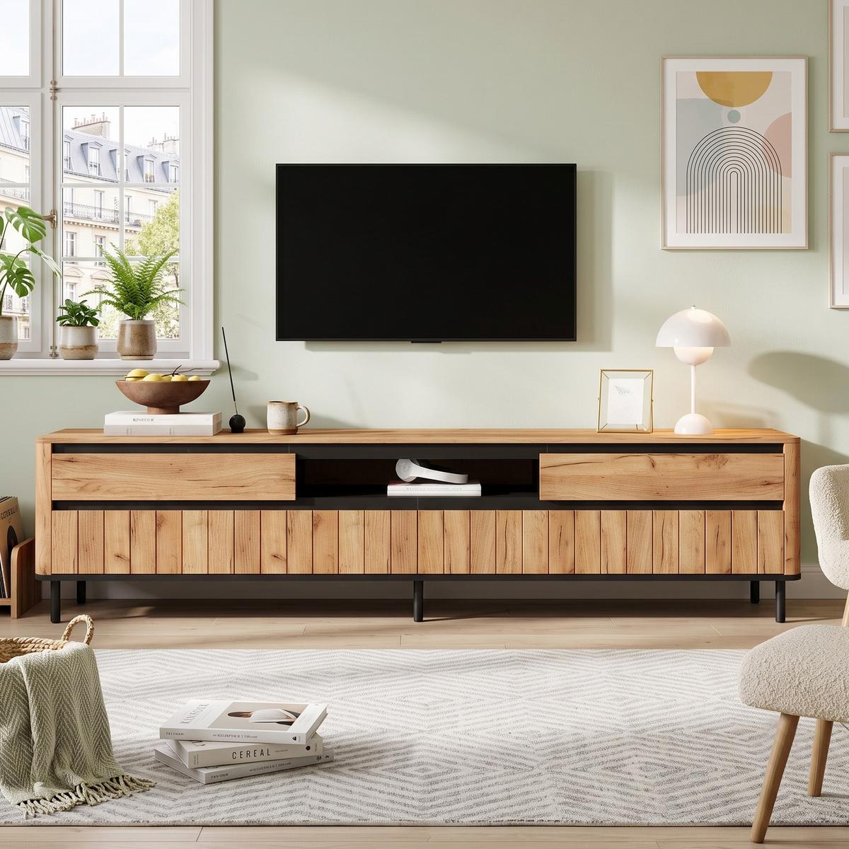 TV-LOWBOARD 180cm Naturholz & Schwarz mit 2 Schubladen & 2 Klapptüren - Schwarz/Naturfarben, Holzwerkstoff (180/52/40cm) - Urban Meuble
