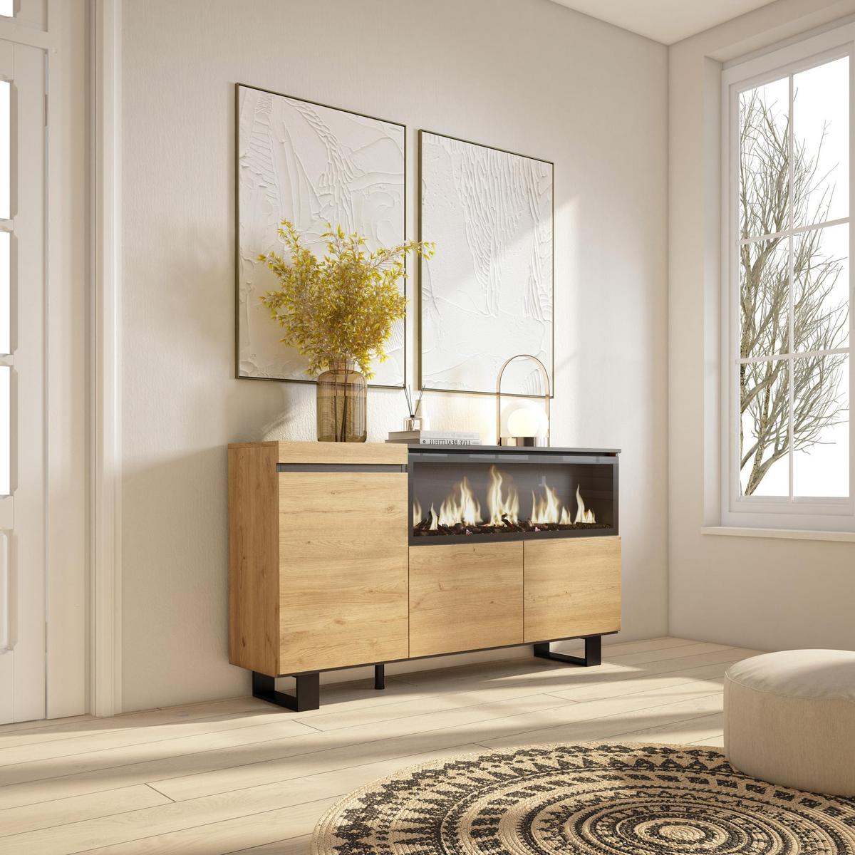 SIDEBOARD, Elektrokamin XXL, eiche, 158/35/87cm - Eichefarben/Schwarz, Holzwerkstoff (158/87/35cm) - Skraut Home