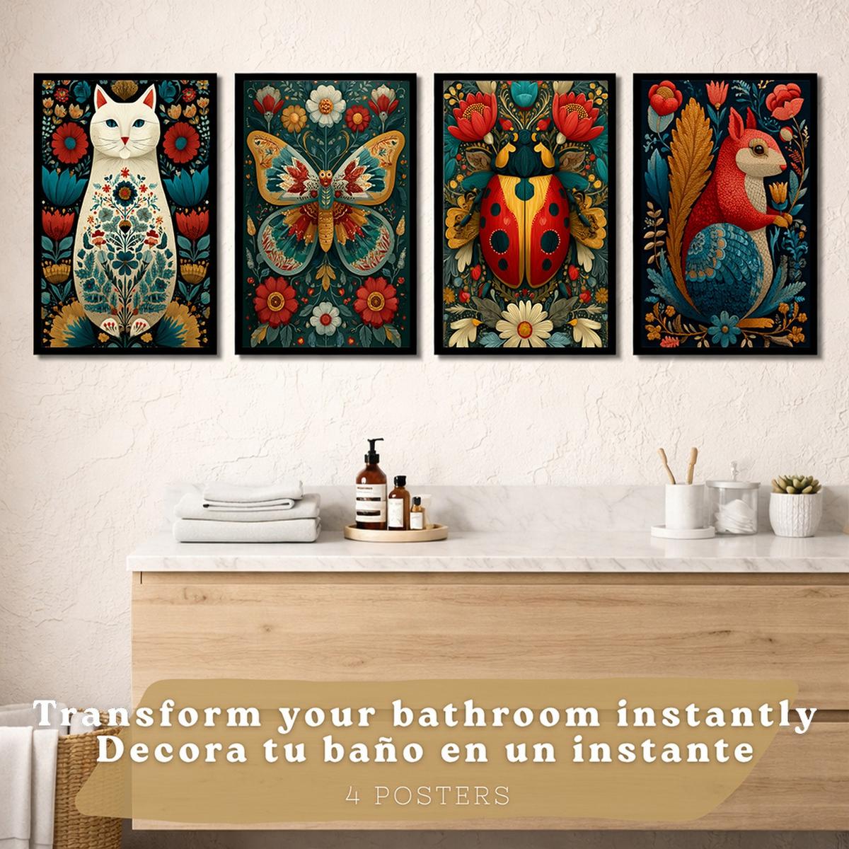 POSTER 4er-Set farbenfrohe Kunstdrucke im Folk-Art-Stil, Tiere und Blumen-Dekorationsbilder, im botanischen Stil für Wohnzimmer Schwarzer Rahmen A3 - Schwarz, Papier (42/29.7/3cm) - Nacnic