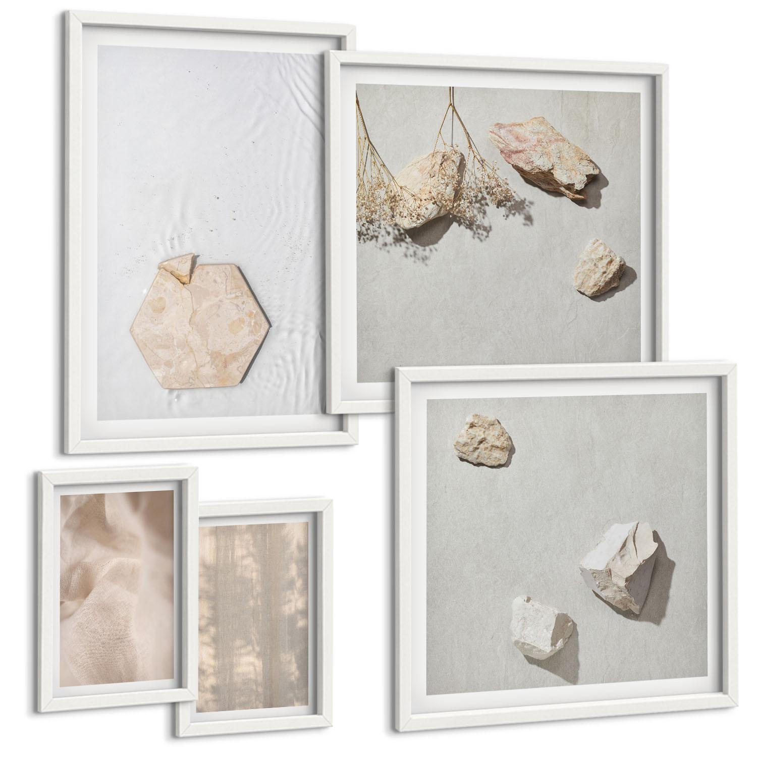 BILDER SET 5er Set - 50x50 cm & 20x30 cm & 40x60 cm Weißer Rahmen - Dezente Boho-Naturtexturen - Weiß, Kunststoff (40/60cm) - TULUP