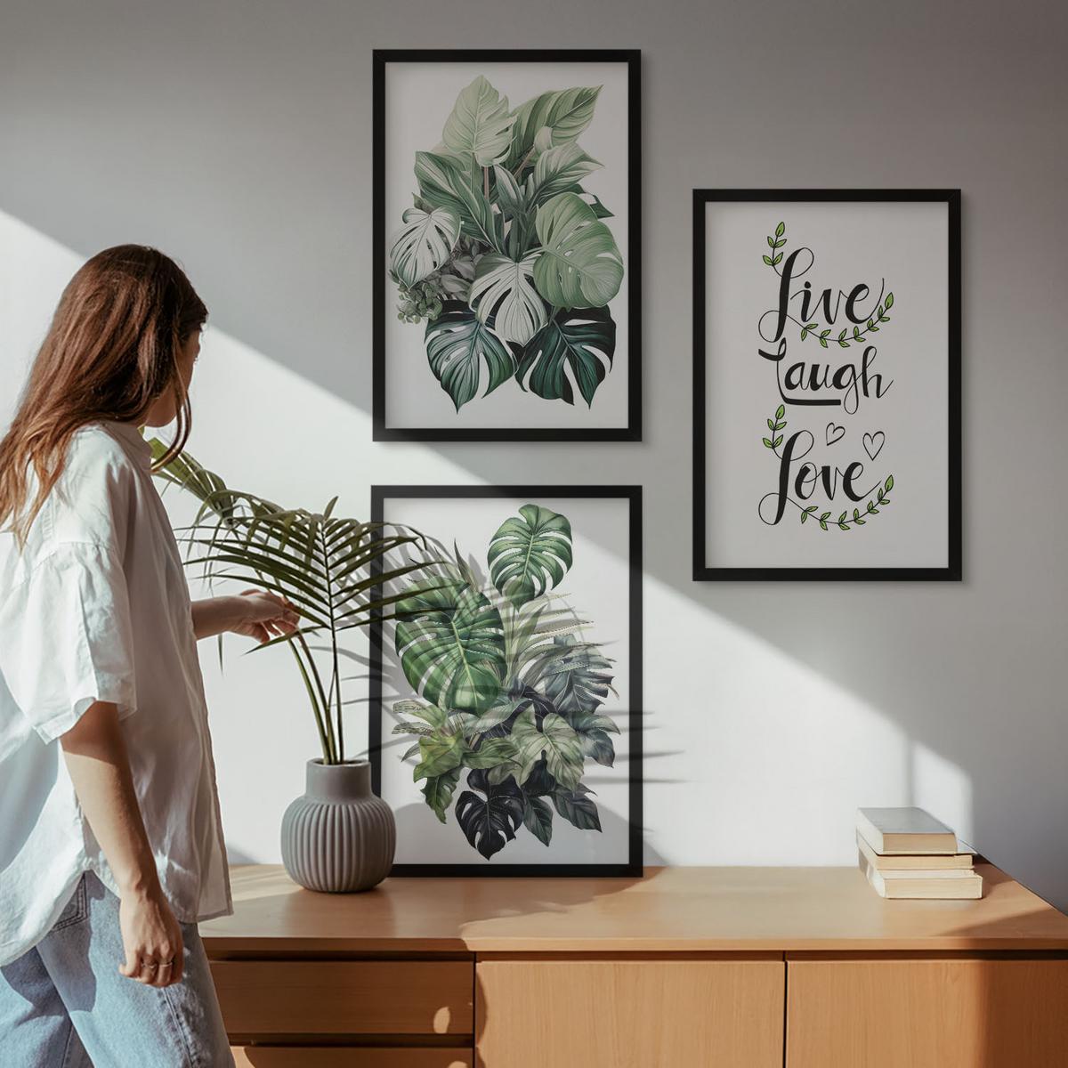 BILDER SET 3er Set - 40x60 cm Schwarzer Rahmen - Blattpflanzen leben, lachen, lieben - Schwarz, Kunststoff (40/60cm) - TULUP
