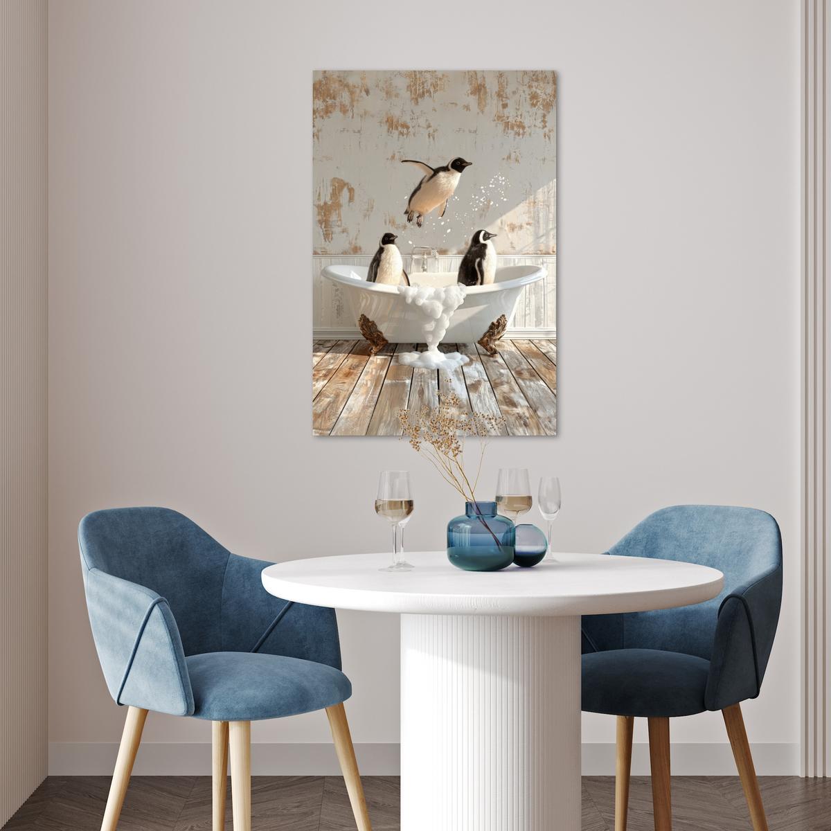 POSTER Vintage - Pinguin - Badewanne - Schaumstoff Wanddeko 40x60 cm - Schwarz, Papier (40/60/0.1cm) - MuchoWow