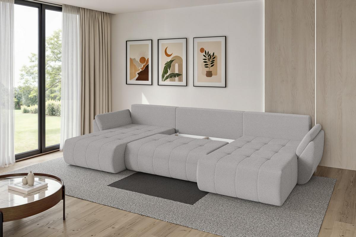 WOHNLANDSCHAFT mit Schlaffunktion und Bettkasten TOKO-U 378x194x86 Hellgrau Bouclé - Silberfarben/Hellgrau, Holzwerkstoff/Kunststoff (378/86/194cm) - ALTDECOR