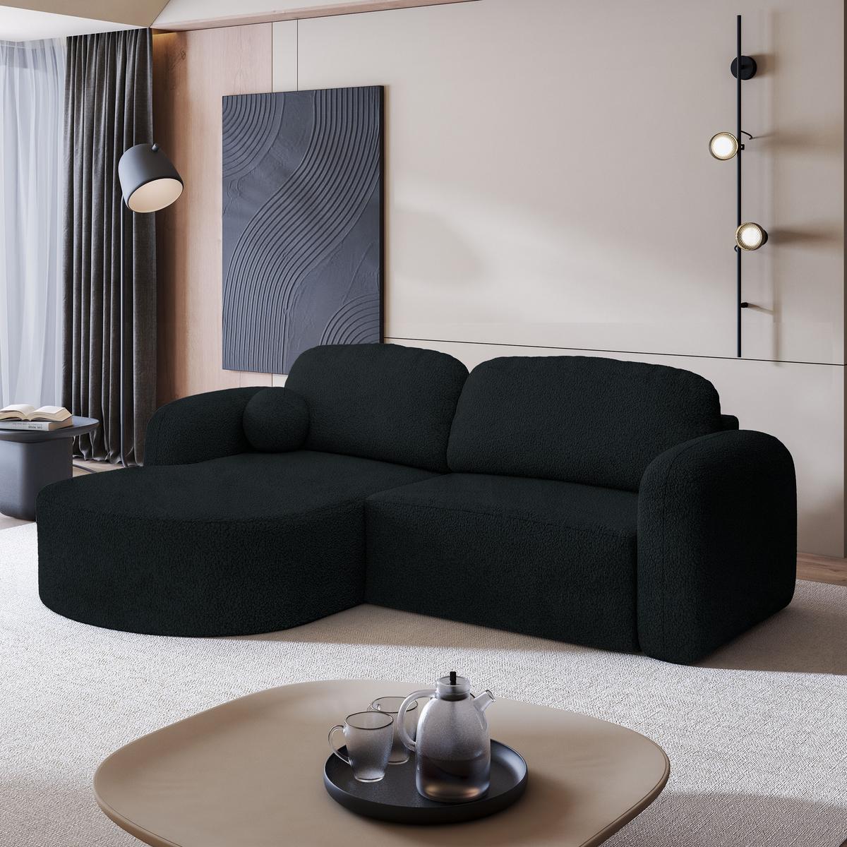 ECKSOFA AMILIA L-S Schwarz Boucle-Stoff mit Schlaffunktion - Schwarz, Holz (263/174cm) - MASSENO